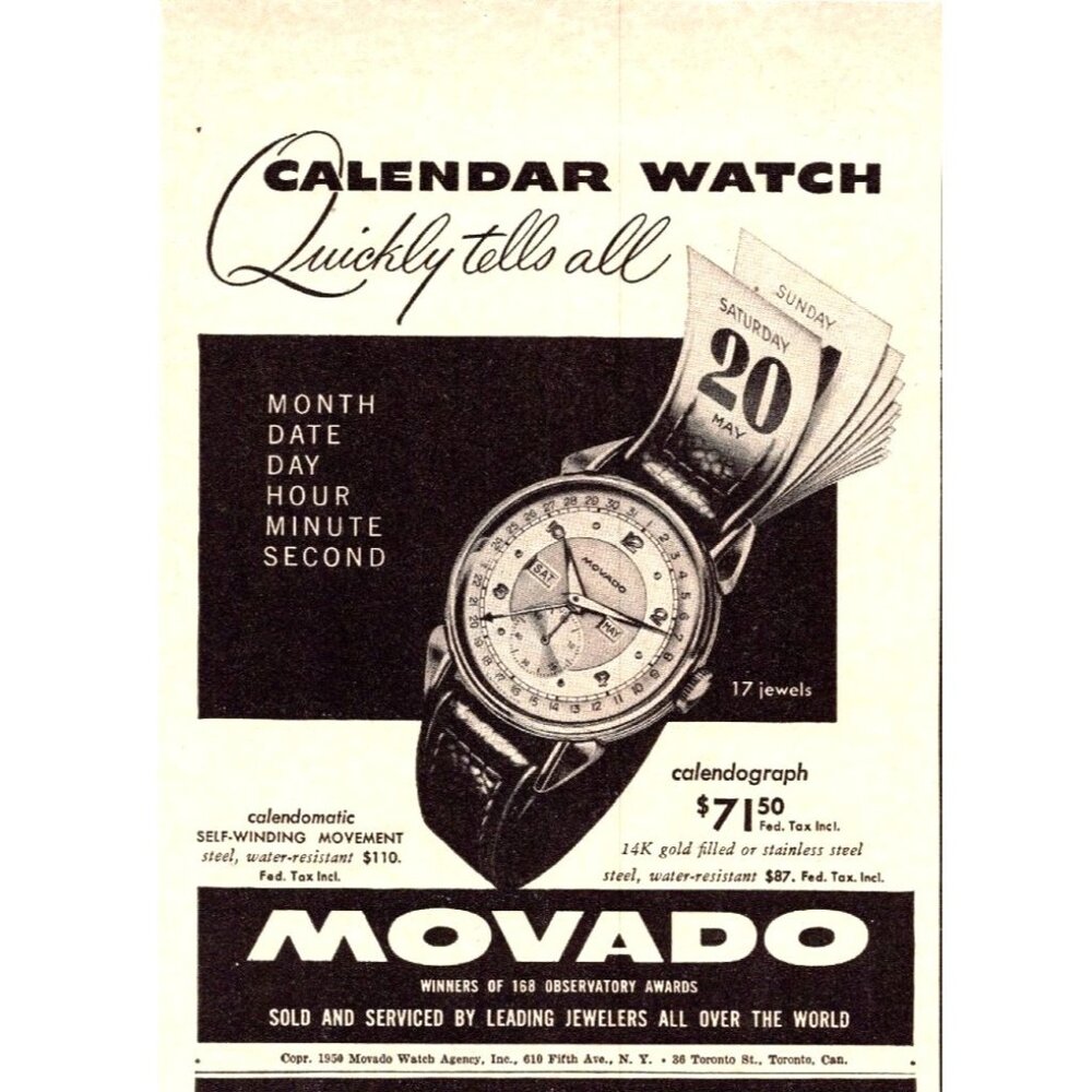 1950 Movado Calendograph Calendomatic Watch Vintage Print Ad 50s Wall Art